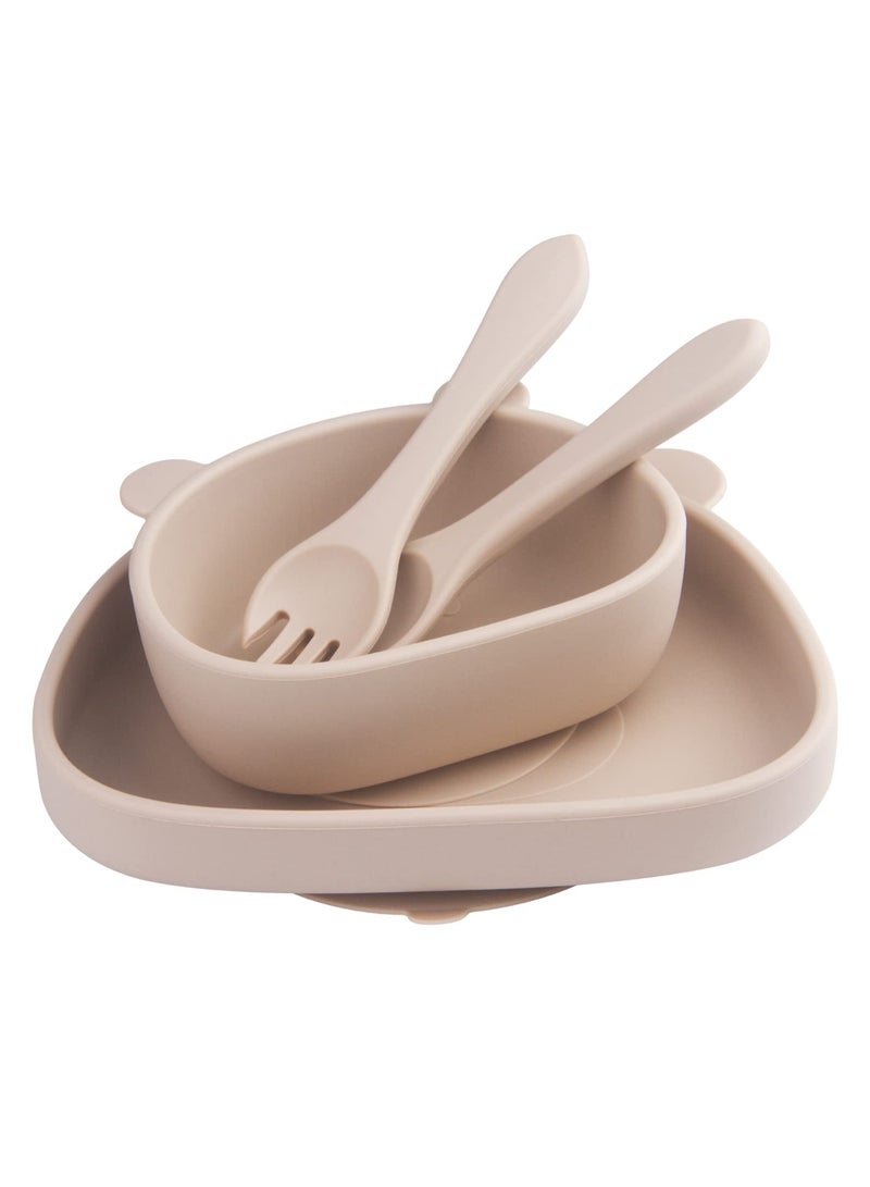 fantasize Suction Baby Plate and Bowl Set with Fork Spoon, Silicone Baby Led Weaning Supplies for Toddler Self Feeding, BPA Free Dishwasher and Microwave Safe (Beige) - Image 3